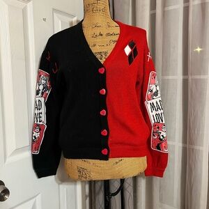 Harley Quinn Red and Black Cardigan with Graphic Patches